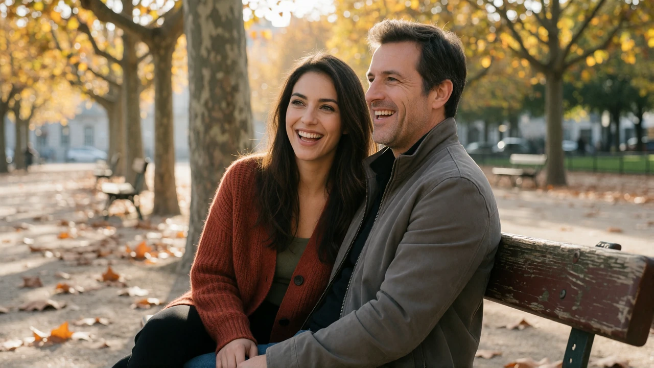 Woman and man laughing together on a park bench in autumn, showing how shared humor crosses language barriers