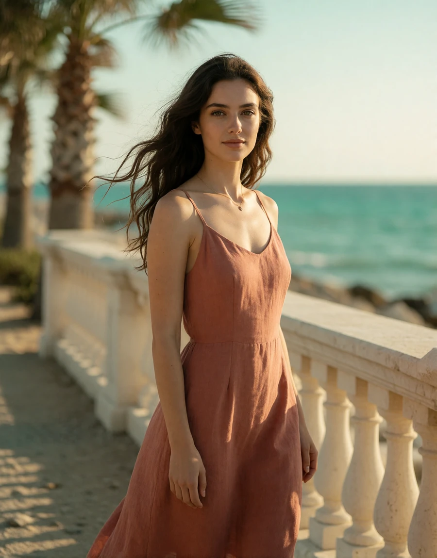 Cypriot woman in a terracotta linen dress on the Limassol seafront promenade at golden hour, a EuroPassions Cypriot dating member portrait
