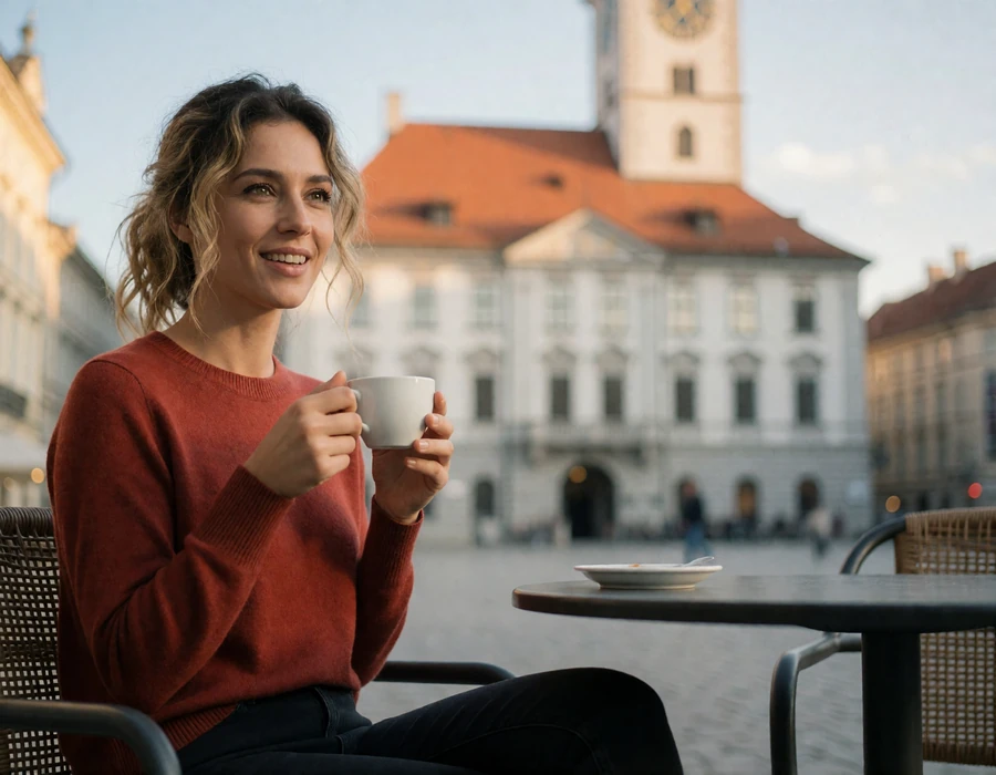 Austrian woman in a rust sweater at an outdoor cafe table on the Hauptplatz in Graz, Austria