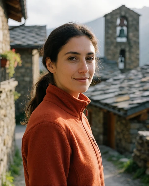 Andorran woman in a rust fleece jacket on a stone village lane in Encamp with slate rooftops behind
