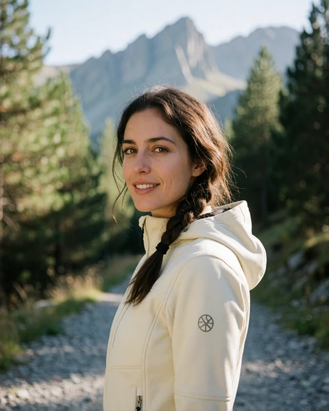Andorran woman in a cream softshell jacket on a mountain path above La Massana