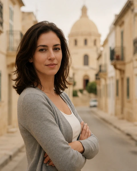 Maltese woman in a grey cardigan on a residential limestone street in Birkirkara, central Malta