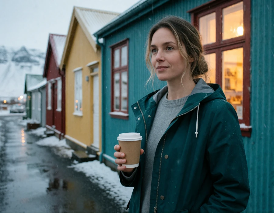 Icelandic woman in a teal raincoat beside colorful houses on a quiet street in central Reykjavik