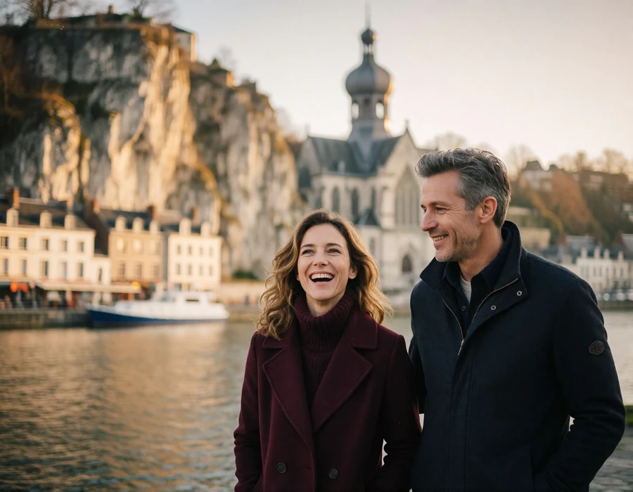 International couple walking and laughing along the Meuse riverfront in Dinant, Belgium, below the limestone cliff