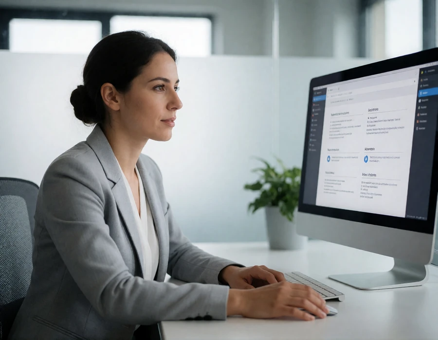 Trust and safety moderator reviewing member verification records in a bright modern office