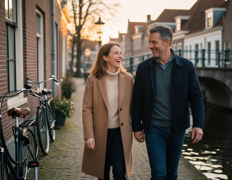 International couple walking and laughing together on a cobbled canal lane in Delft, Netherlands