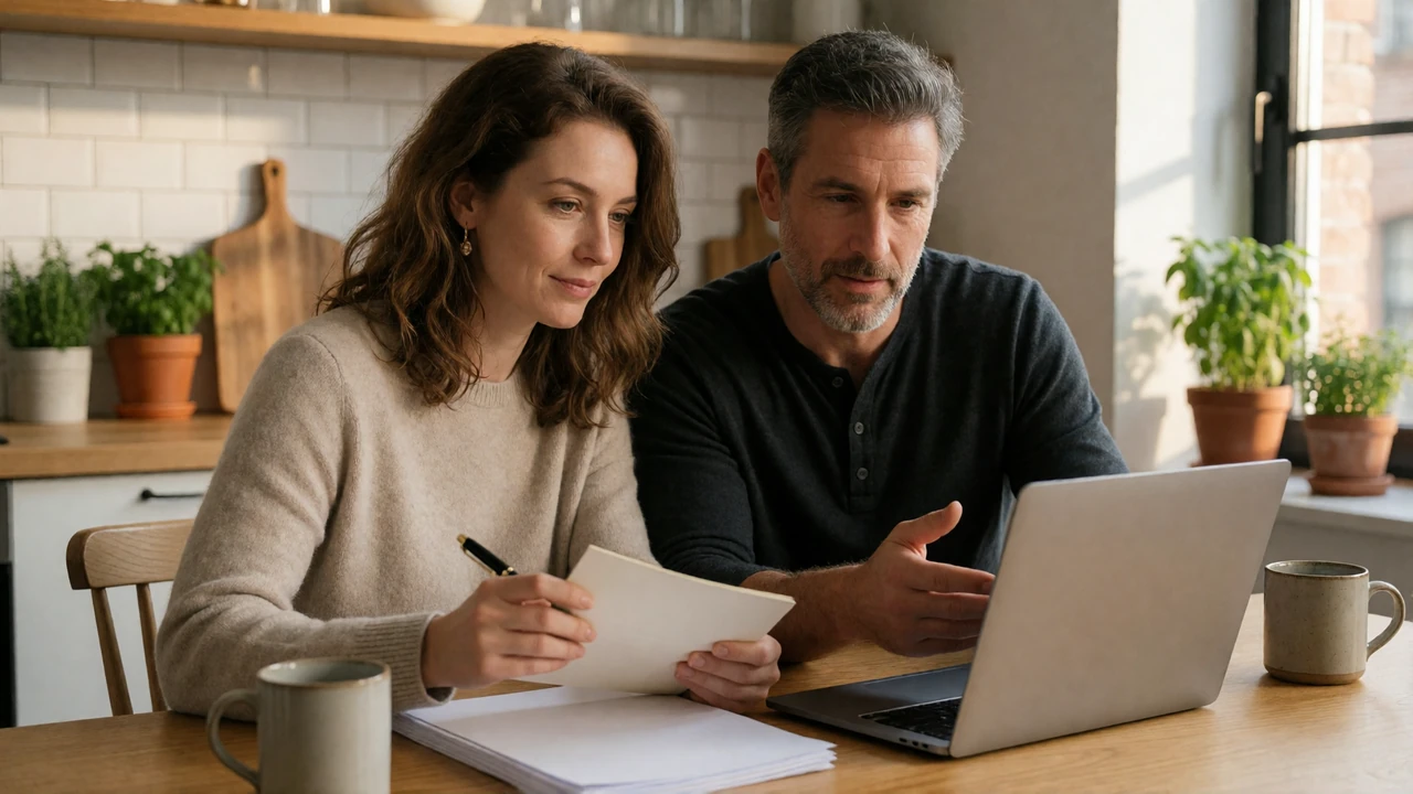 Couple in their forties reviewing relocation documents and a laptop together at a sunlit kitchen table