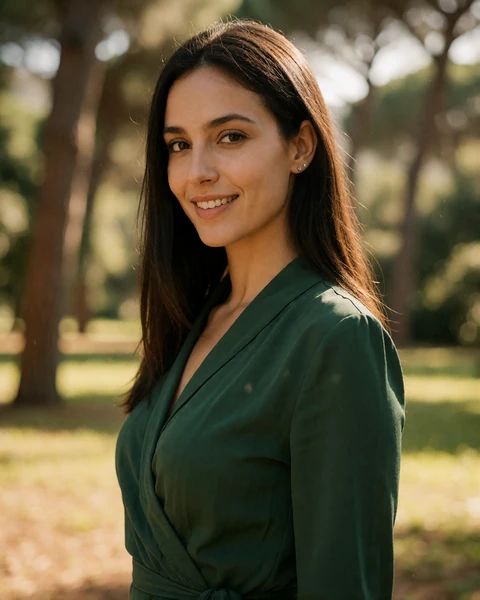 Italian woman in a forest green blouse standing among umbrella pines in a Monteverde park in Rome