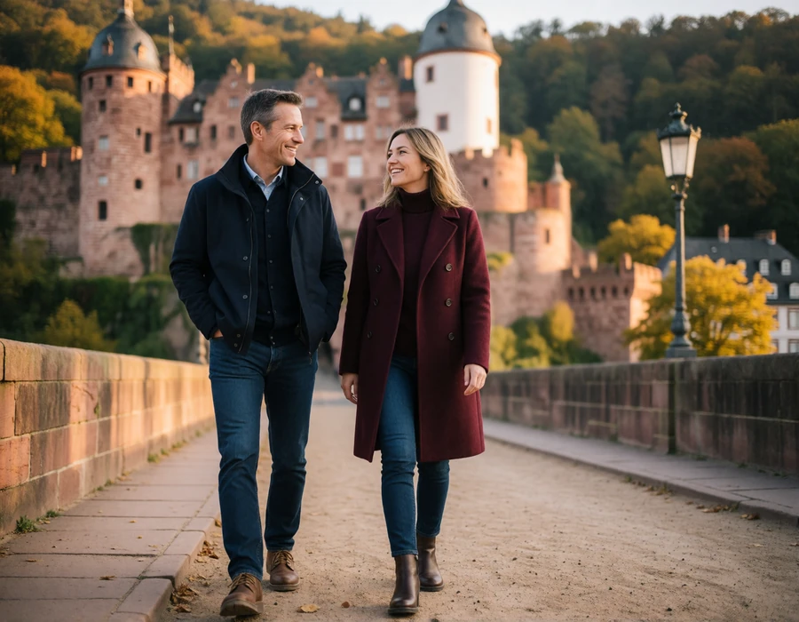 International couple walking and talking on the old bridge in Heidelberg with the castle and forested hillside behind them