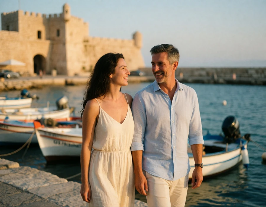American man and his Cypriot partner walking together along Paphos harbour during a first in-person meeting in Cyprus