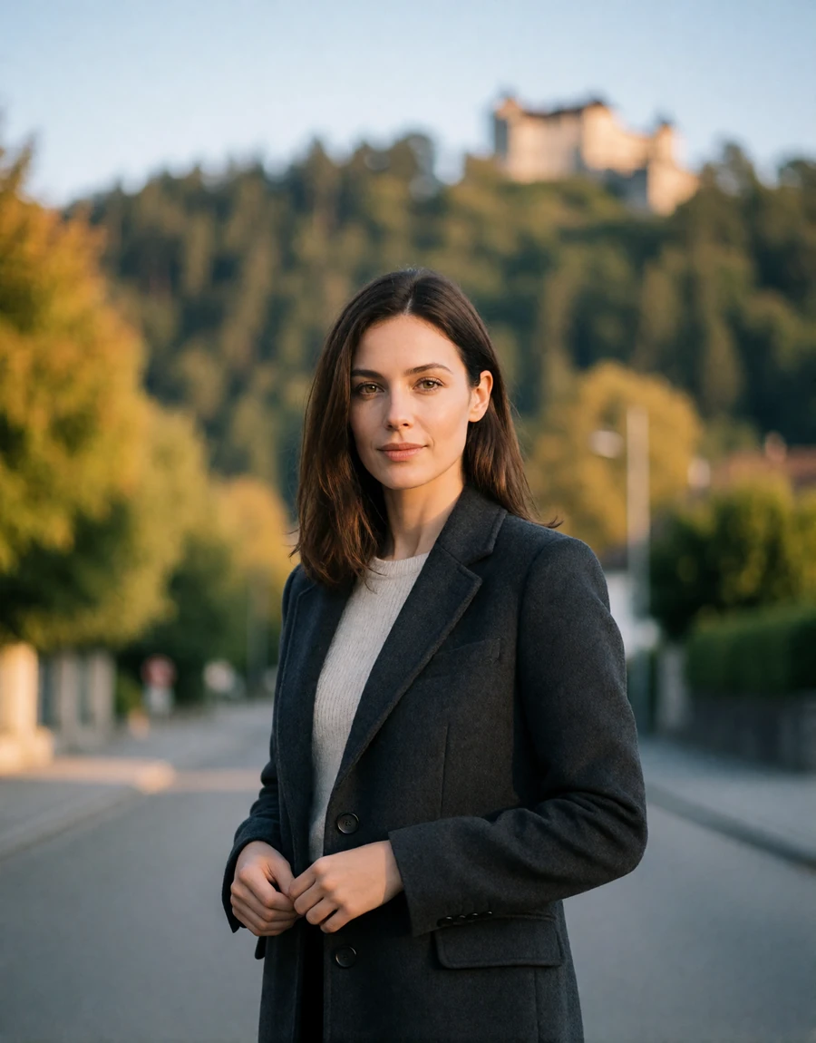 Woman in a charcoal wool coat on a quiet street in Vaduz with the Alpine ridge behind her, a EuroPassions Liechtenstein dating member portrait
