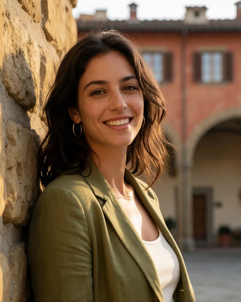 Italian woman in an olive blazer on a Florence piazza with terracotta rooftops, representing Italian dating on EuroPassions