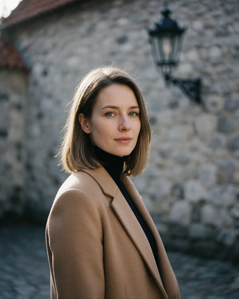 Estonian woman in a camel wool coat in a quiet medieval courtyard in Tallinn Old Town