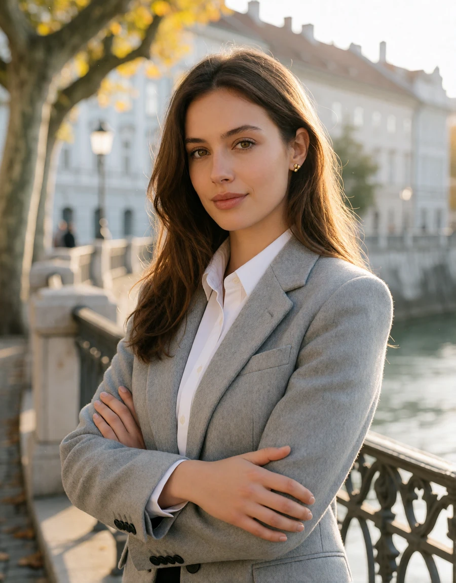 Elegant Slovenian woman in a gray blazer on a Ljubljana riverside street, a EuroPassions European dating member portrait