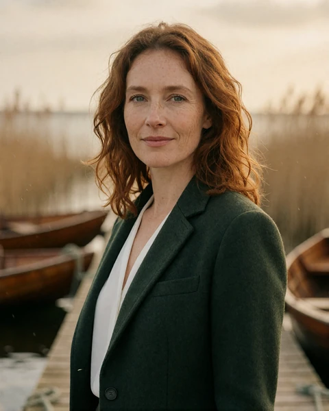 Danish woman in a green blazer on a wooden jetty at the Roskilde fjord on Zealand