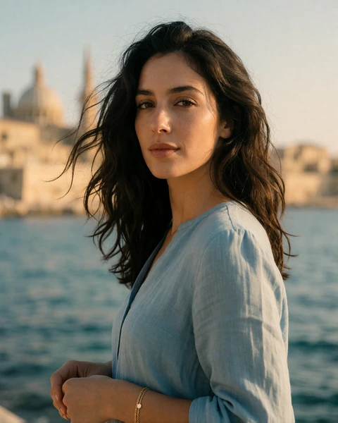 Maltese woman in a blue linen blouse on the Sliema seafront promenade with Valletta behind her