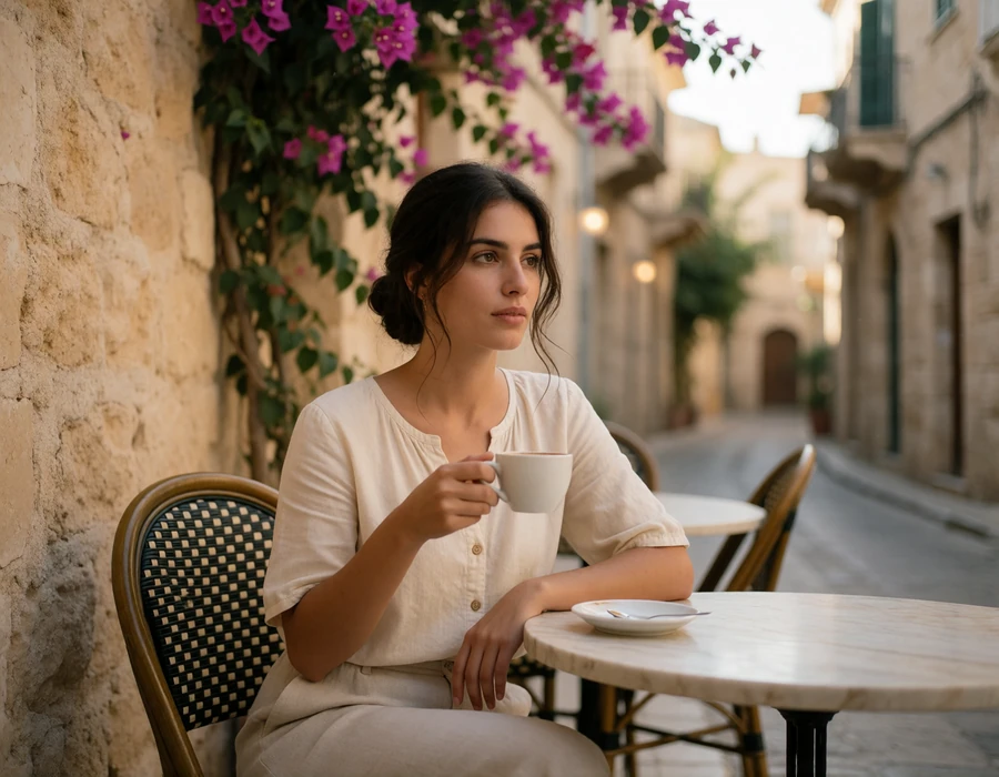 Cypriot woman in a cream blouse at a marble cafe table on a stone street in old Nicosia, Cyprus