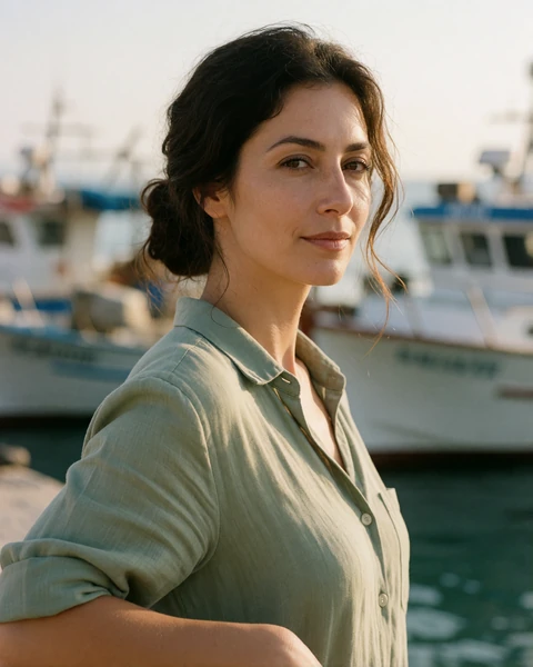 Greek woman in a sage green linen shirt near the harbor in Patras, Western Greece