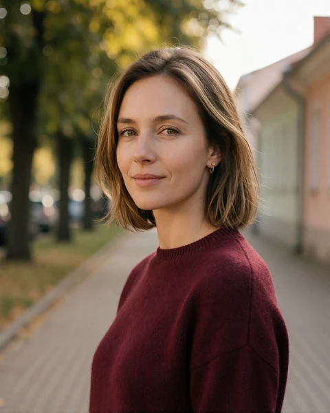 Lithuanian woman in a burgundy sweater on a tree-lined pedestrian street in Siauliai