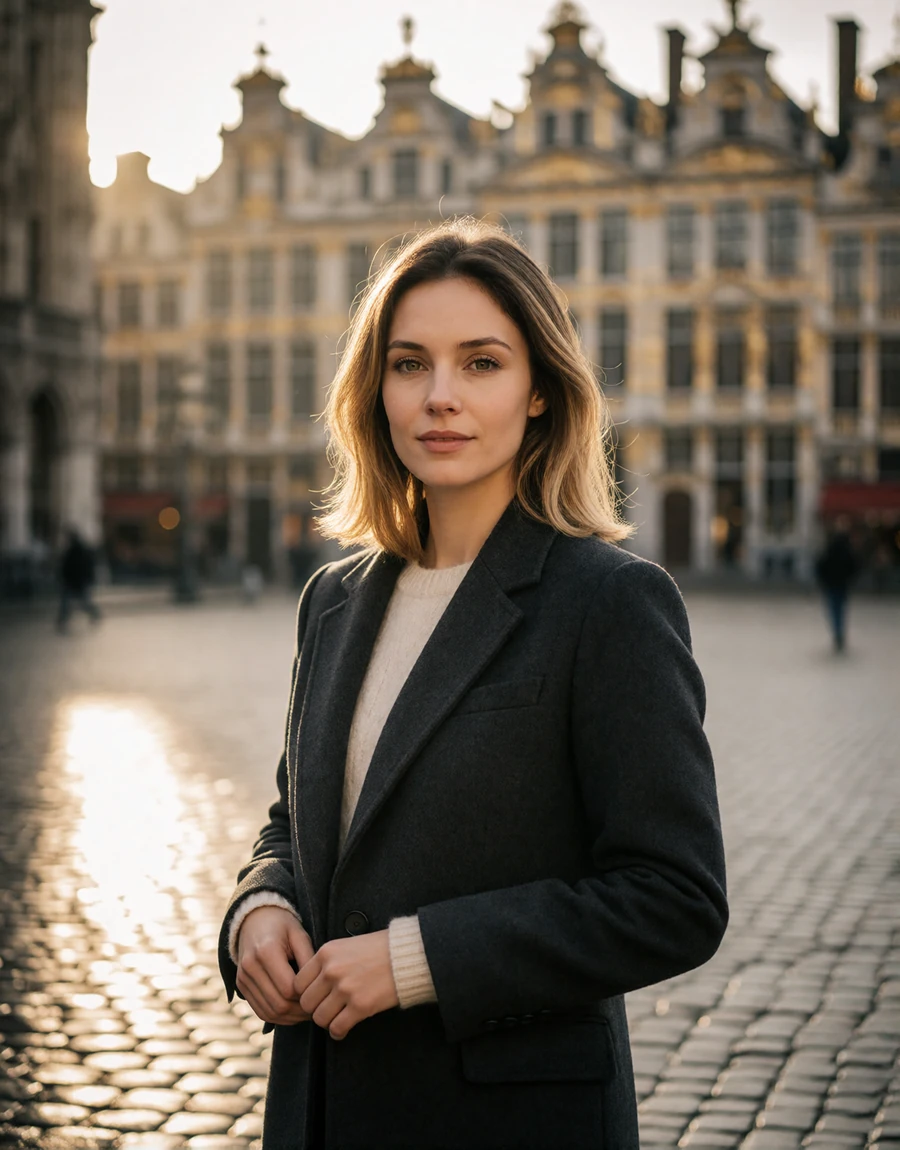 Belgian woman in a charcoal wool coat standing near the Grand-Place in Brussels at golden hour, a EuroPassions Belgian dating member portrait