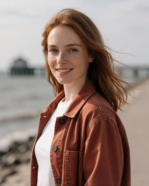 Latvian woman in a rust jacket on the seaside promenade in Liepaja, EuroPassions member profile portrait