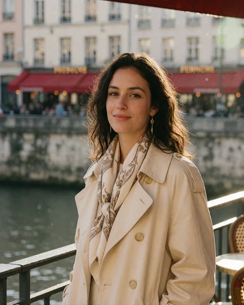 French woman in a cream trench coat on a Lyon riverside street, representing French dating on EuroPassions