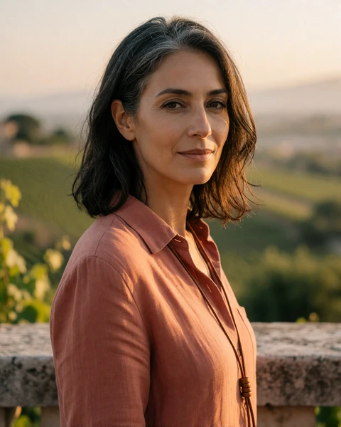Italian woman in a terracotta linen shirt on a stone terrace overlooking vineyards in Frascati, Lazio