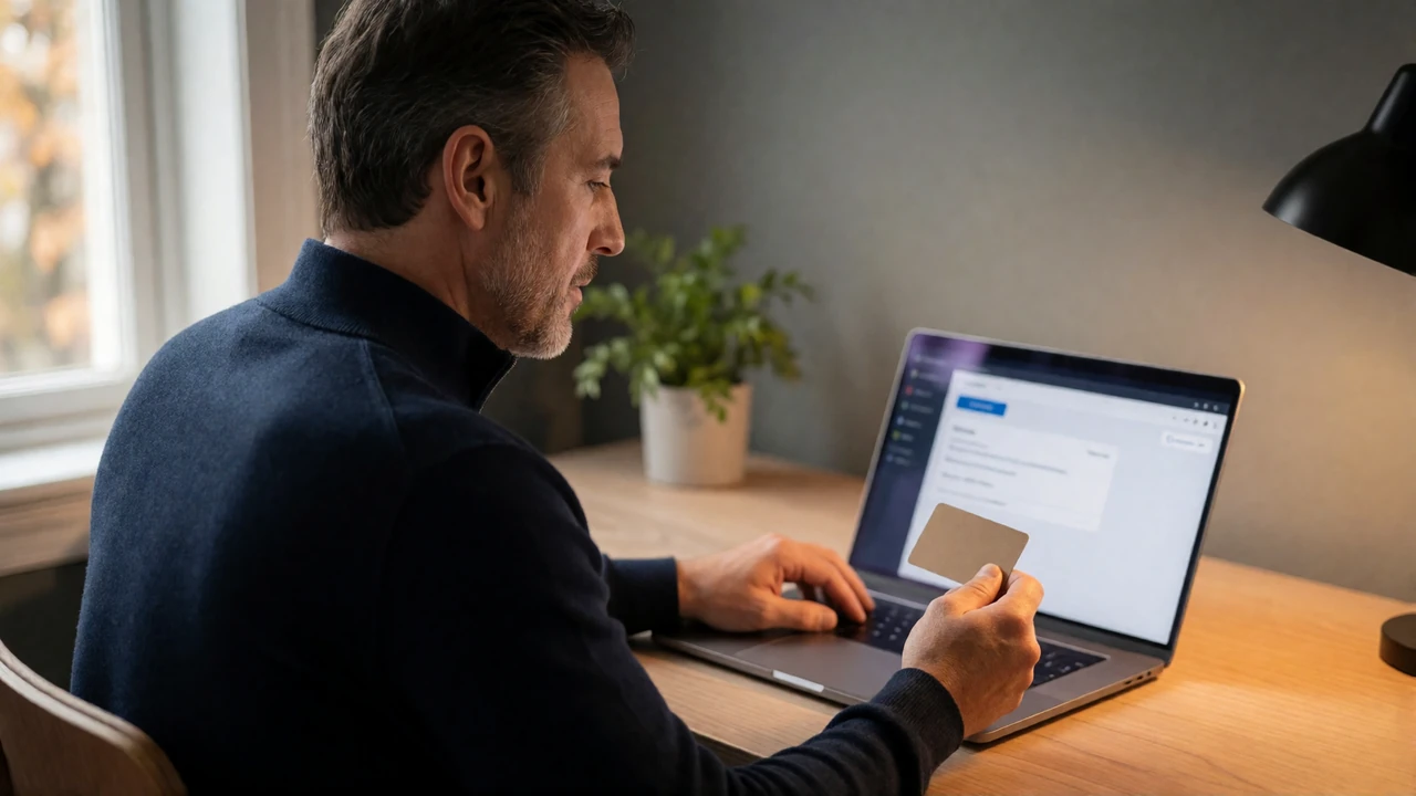 Man at a home office desk completing a secure online payment on a laptop, illustrating encrypted dating site checkout