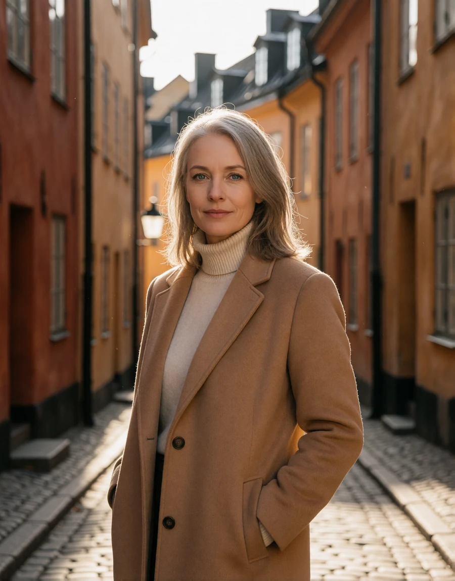 Swedish woman in a camel wool coat on a cobbled lane in Gamla Stan, Stockholm, a EuroPassions Swedish dating member portrait