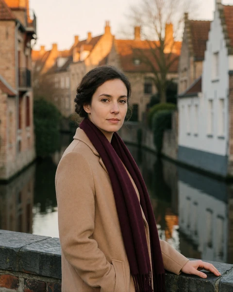 Belgian woman in a camel coat standing on a canal bridge among stepped-gable houses in Bruges