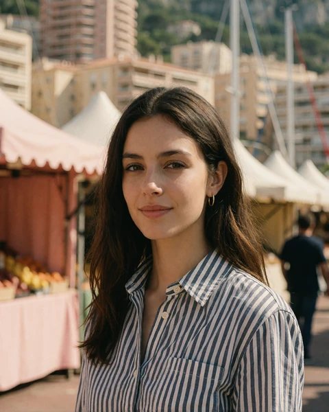 Woman in a navy striped shirt near the open-air market stalls of La Condamine in Monaco
